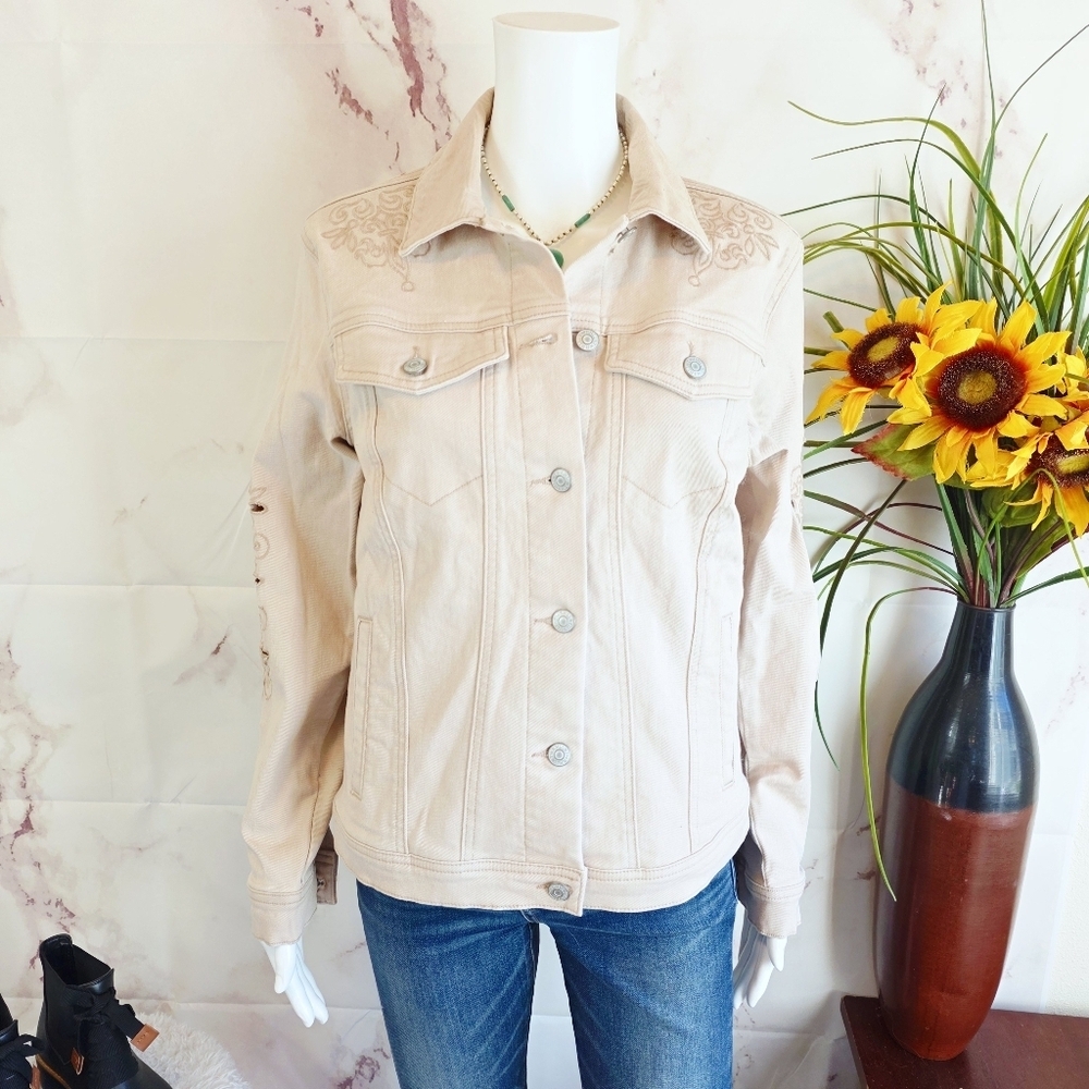 Women's Cream Denim Jacket Eyelet Embroidery